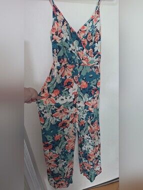 Lush Teal Floral Wide-Leg Jumpsuit with Coral & Cream Accents